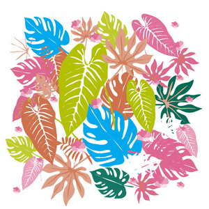 矢量图形热带叶鲜明的图案, 在流行艺术风格中具有鲜明的质感, 现代夏季背景全面印刷。分裂的叶子, 蔓, 龟背竹叶子