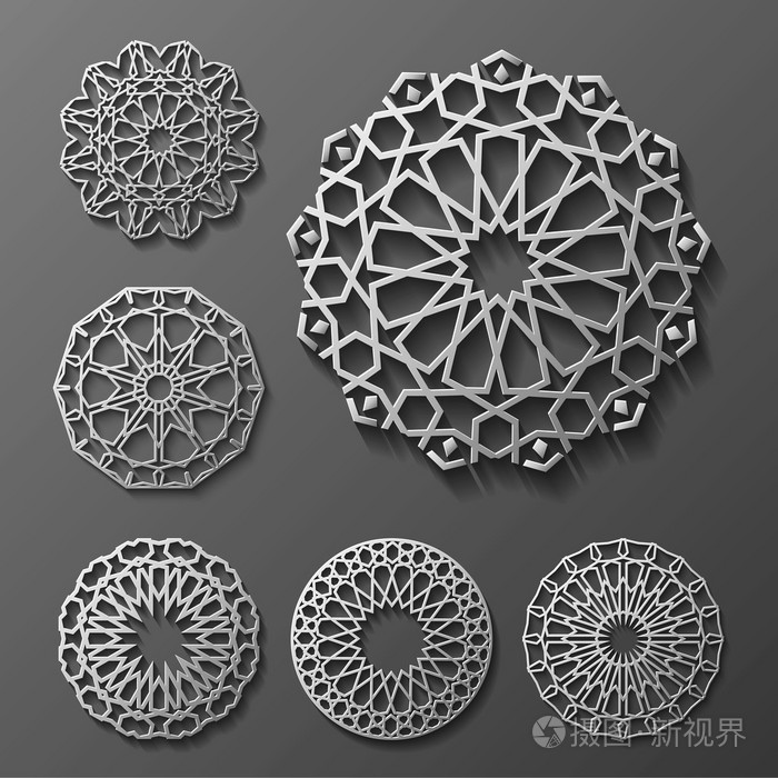 3d 斋月圆形图案元素.几何徽标模板集.圆形装饰阿拉伯符号