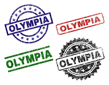 奥林匹亚封印打印与遇险表面。黑色, 绿色, 红色, 蓝色矢量橡胶版画的奥林匹亚标签与复古表面。橡胶密封圈, 长方形, 徽章形状