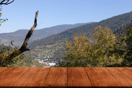 Borjomi 的山风景在佐治亚。从深色桌子或木板上观看。拼 贴