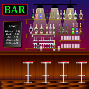 酒吧, 餐厅配有柜台。酒吧柜台, 酒吧椅和货架的内部横幅与酒精