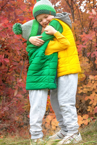 两兄弟在秋天公园里散步. 哥哥轻轻地拥抱他的弟弟