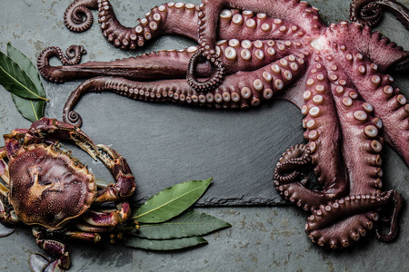 章鱼, 螃蟹和月桂树周围的黑色石板板.顶部视图照片