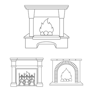 不同类型的壁炉在集设计集合中显示图标。壁炉建筑矢量符号股票网站插图
