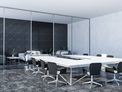 黑色三角形瓷砖会议室内有全景窗口, 灰色地板和白色桌子, 周围有黑色的椅子。休息室在背景。企业生活概念3d 渲染复制空间