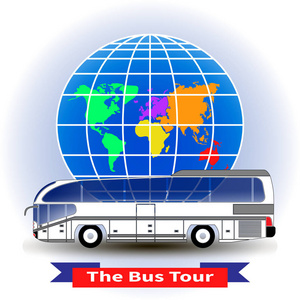 现代城际或旅游巴士的全球背景。矢量插图。图表, 目录, 信息, 旅游, 网站, 应用程序, 用户界面, 社交媒体的世界各地的巴士