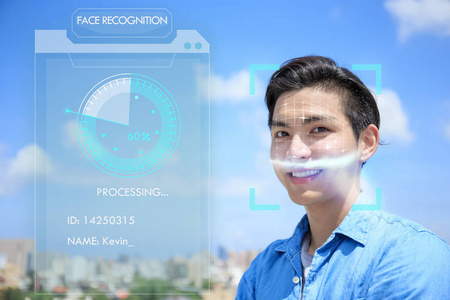 人脸识别使用人脸识别概念的亚洲年轻人照片