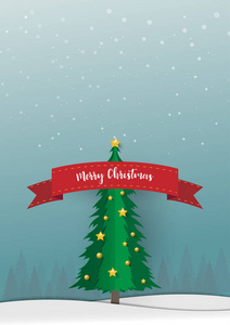 圣诞快乐, 新年快乐。圣诞老人, 雪人和圣诞树, 纸艺和数码工艺风格。矢量插图