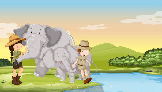 孩子们和大象在河边