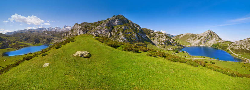 西班牙阿斯图里亚斯 Picos 烯醇式和 Ercina 湖全景