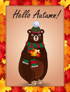 您好秋季排版设计卡。矢量卡通人物插图绿色针织围巾和帽子捧着枫叶花束在镶有彩色秋季边框框架的爪子上