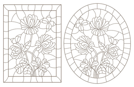 一组轮廓插图的彩色玻璃窗户与三叶草和蝴蝶在框架, 黑暗的轮廓在白色背景, 椭圆形和长方形图像