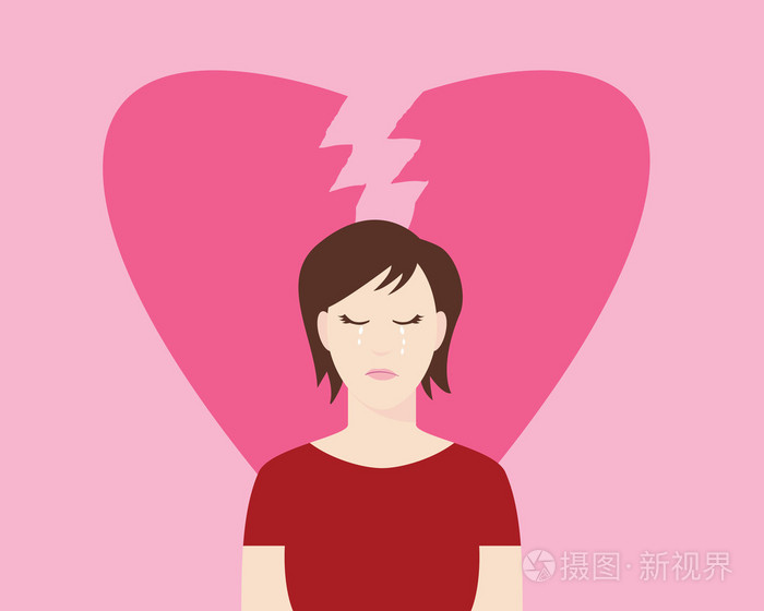破碎的心与哭表达和心的妇女作为背景分手粉红的颜色