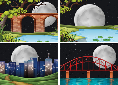 四个场景的城市在满月的夜晚图片