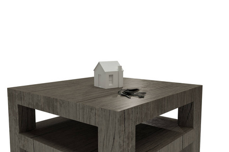 在白色背景上隔离的木桌上的房屋钥匙3d 插图