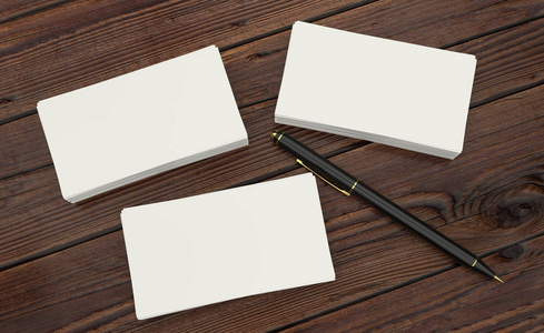 3d 空白白色名片的渲染在木桌上用黑色钢笔表示公司 id