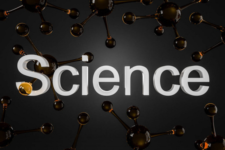 光滑的棕色玻璃象材料抽象分子模型在黑背景下。白字科学。科学医学技术和商业的概念。3d 渲染模拟