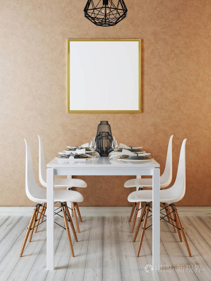 室内餐厅的样机海报.时髦风格的现代餐饮.3d 渲染