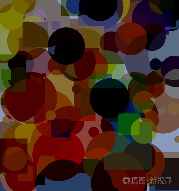 混乱在圆和圆周上排列的几何形状的有色元素的背景纹理