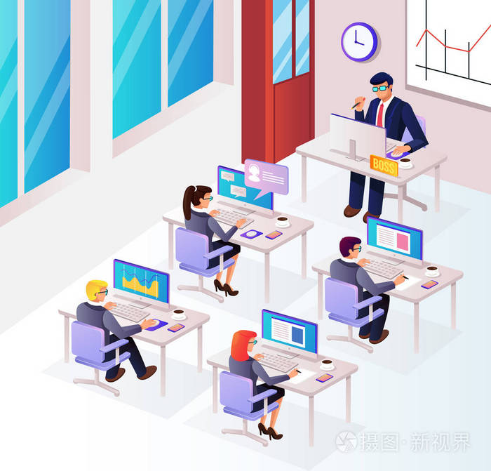 人物角色商人经理办公室工作人员坐在房间工作场所和工作与老板.