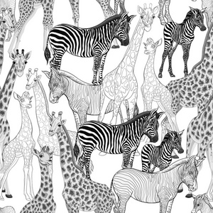 无缝模式, 背景与成年斑马和长颈鹿, 斑马和长颈鹿幼崽。矢量插图