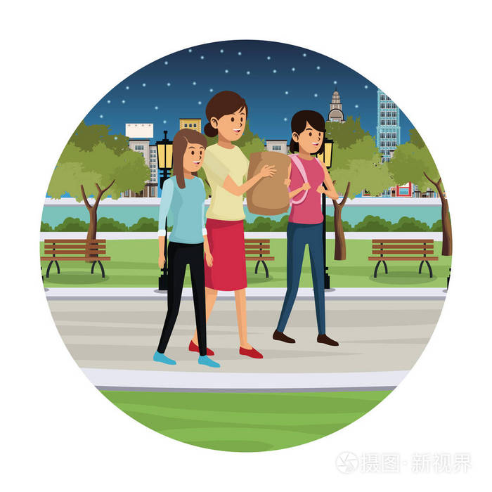 妇女与儿童在城市步行在晚上卡通圆形图标矢量插图图形设计
