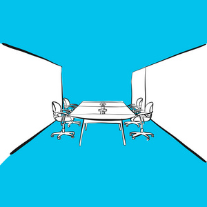 有蓝色背景的桌会议室。手绘矢量草图。经营理念设计