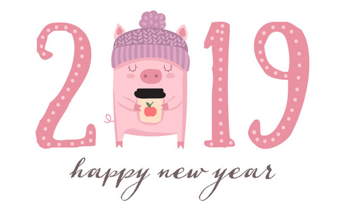 创意海报新的2019年与可爱的猪。农历年的象征。矢量插画动画片隔离。黄猪年
