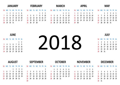 2018 年日历。周从星期日开始。矢量图