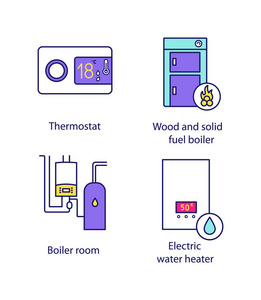 加热颜色图标设置, 数字恒温器, 固体燃料锅炉, 锅炉房, 电热水器