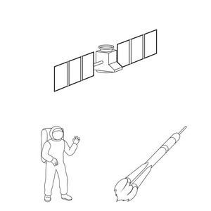 用于设计的集集合中的空间技术大纲图标。航天器和设备矢量符号库存图