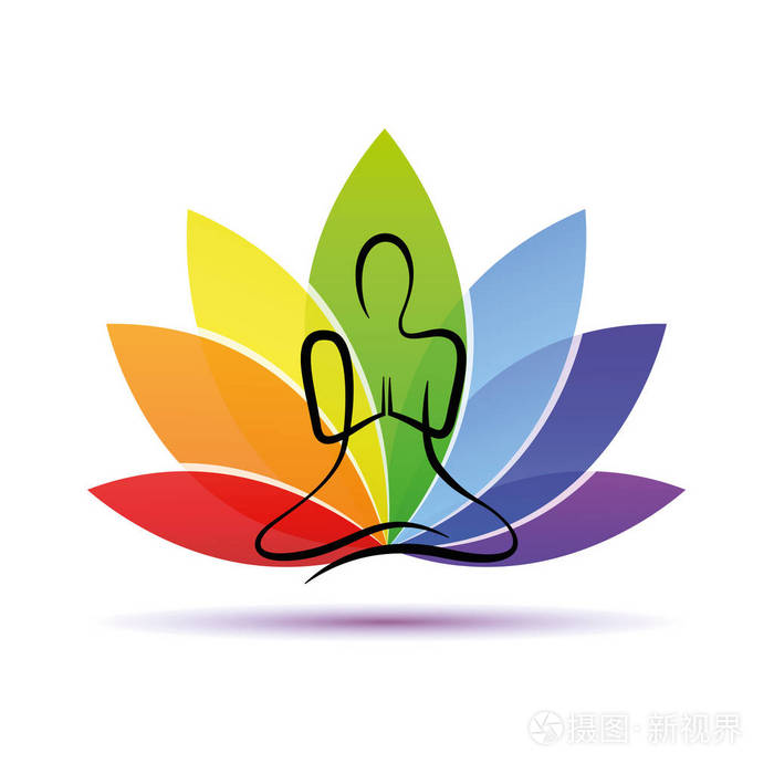 手绘瑜伽人坐在莲花姿势彩虹色