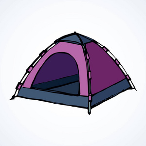 露天远足胜位篷布居住在白色背景。明亮的丁香紫色手绘的标志粗略在艺术现代涂鸦轮廓风格的钢笔在纸上。特写视图和文本空间