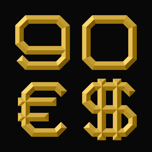 黄金面对9个零数字欧元和美元符号。