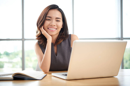 美丽的年轻商务女士微笑着看着笔记本电脑屏幕