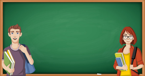 卡通学生在绿色的黑板照片