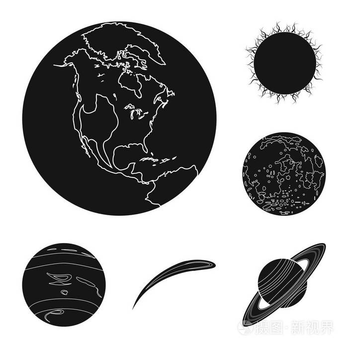 行星的太阳系的黑色图标集合中的设计.