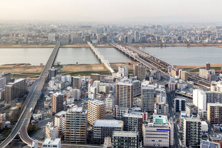 大阪城市风景在日落, 日本