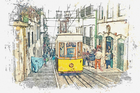 一个传统的旧电车在里斯本的例证