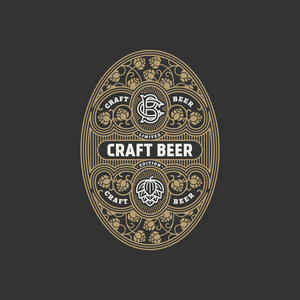 繁荣的椭圆形啤酒标签设计模板与啤酒花的线性风格.矢量插图照片