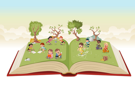 与可爱的卡通小孩在玩耍上绿色公园本打开的书照片