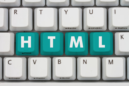 计算机编码的 Html，青色键盘特写突出显示的文本 Html