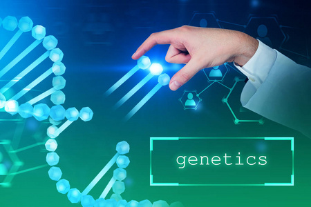 人手从蓝色的 dna 螺旋在蓝色绿色背景的基因。文本遗传学在底部。生物技术生物学医学和科学概念。双曝光色调图像