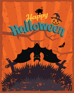 万圣节快乐葡萄酒海报。蝙蝠和蜘蛛, 可爱的南瓜在帽子怪异可怕的笑容和黑猫在墓地的背景。矢量插图