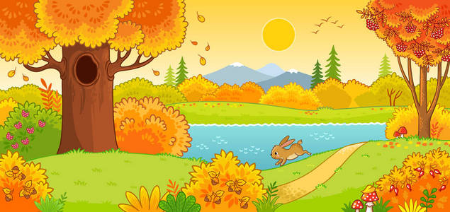 秋天海报与森林和可爱的兔子照片