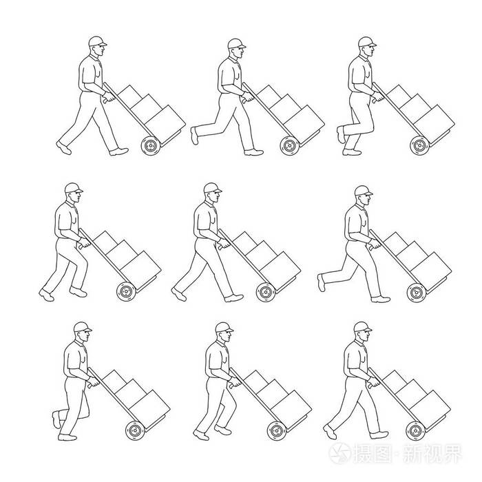 插画 绘制草图样式演示一个送货工人走推一辆手推车, 手推车或手推车