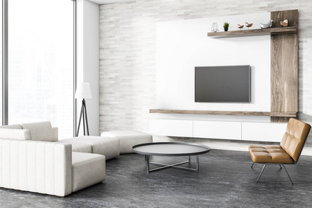 阁楼客厅的角落里有混凝土地板, 白色和木质墙壁, 沙发和真皮长凳。圆咖啡桌和一台平板电视在墙上。3d 渲染模拟