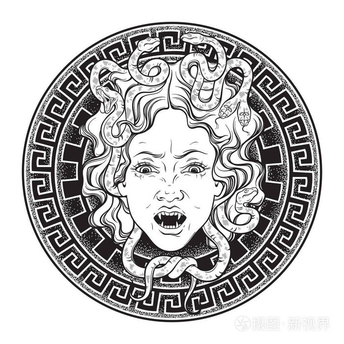 美杜莎头上的盾手画线艺术和点工作纹身或打印设计孤立的矢量插图.