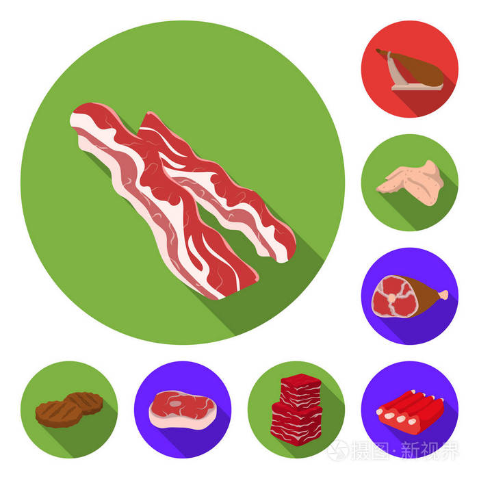 不同的肉类平面图标集合中的设计.肉类产品矢量符号股票网站插图