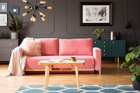 在起居室的灰色墙上贴着粉红色沙发和地毯上的木桌的海报。真实照片